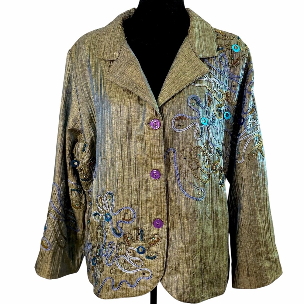 Anage Olive Green Whimsical Embroidered Detailed Jacket| Purple Buttons Size XL